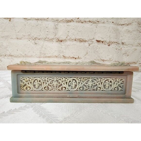 Incolay Stone Pink & White Trinket Jewelry Box 7"x7" Cupid Angels Square - Picture 5 of 9